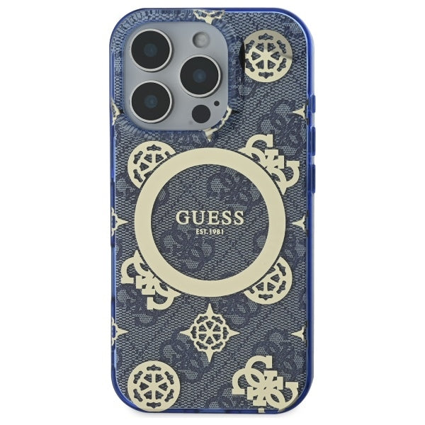 Custodia MagSafe per Apple iPhone 16 Pro, Guess, IML Peony On 4G Background, Blu