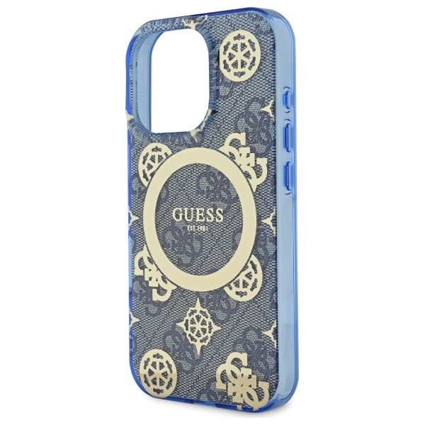 Custodia MagSafe per Apple iPhone 16 Pro, Guess, IML Peony On 4G Background, Blu