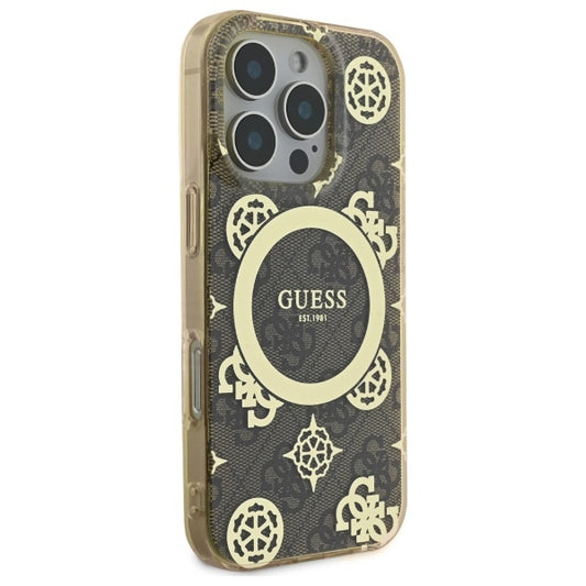 Custodia MagSafe per Apple iPhone 16 Pro, Guess, IML Peony On 4G Background, Marrone