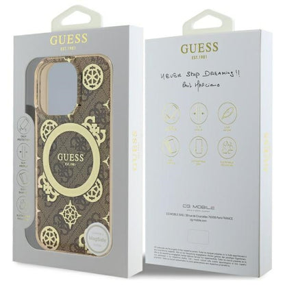 Custodia MagSafe per Apple iPhone 16 Pro, Guess, IML Peony On 4G Background, Marrone