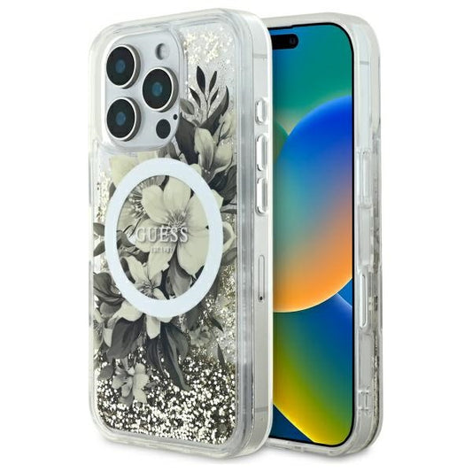 Custodia MagSafe per Apple iPhone 16 Pro, Guess, Liquid Glitter Flower, Beige