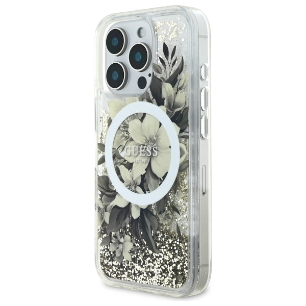 MagSafe Case for Apple iPhone 16 Pro, Guess, Liquid Glitter Flower, Beige