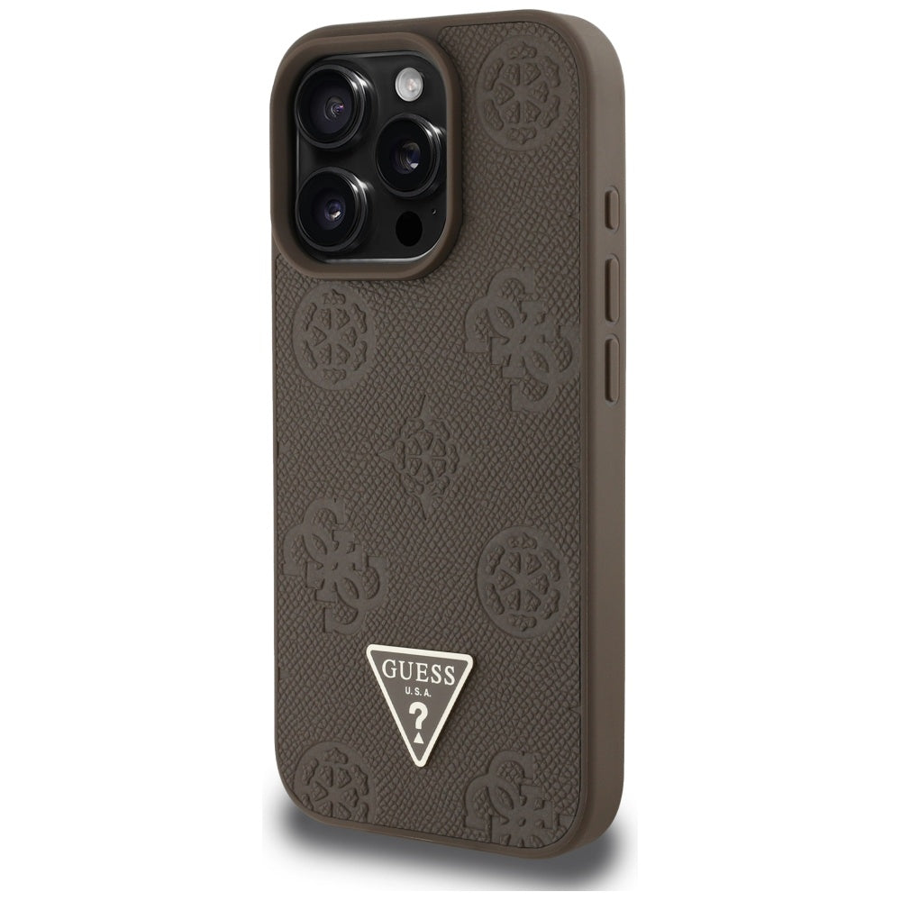 Custodia MagSafe per Apple iPhone 16 Pro, Guess, Peony Grained Hot Stamp Triangle, Marrone