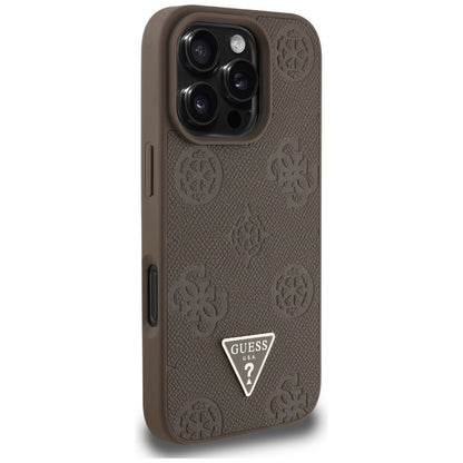 Custodia MagSafe per Apple iPhone 16 Pro, Guess, Peony Grained Hot Stamp Triangle, Marrone
