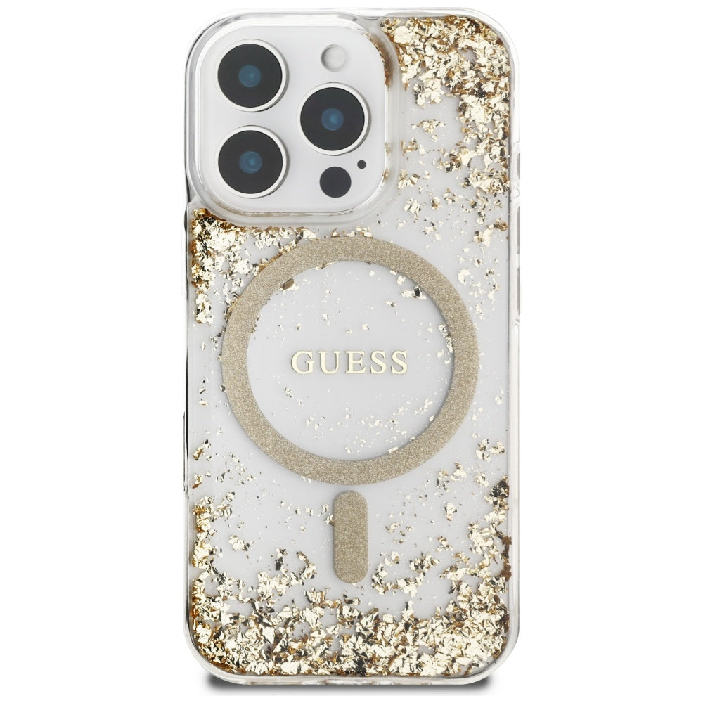 Custodia MagSafe per Apple iPhone 16 Pro, Guess, Resin Bottom Glitter, Dorata