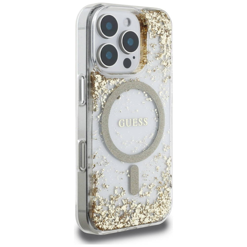 Custodia MagSafe per Apple iPhone 16 Pro, Guess, Resin Bottom Glitter, Dorata