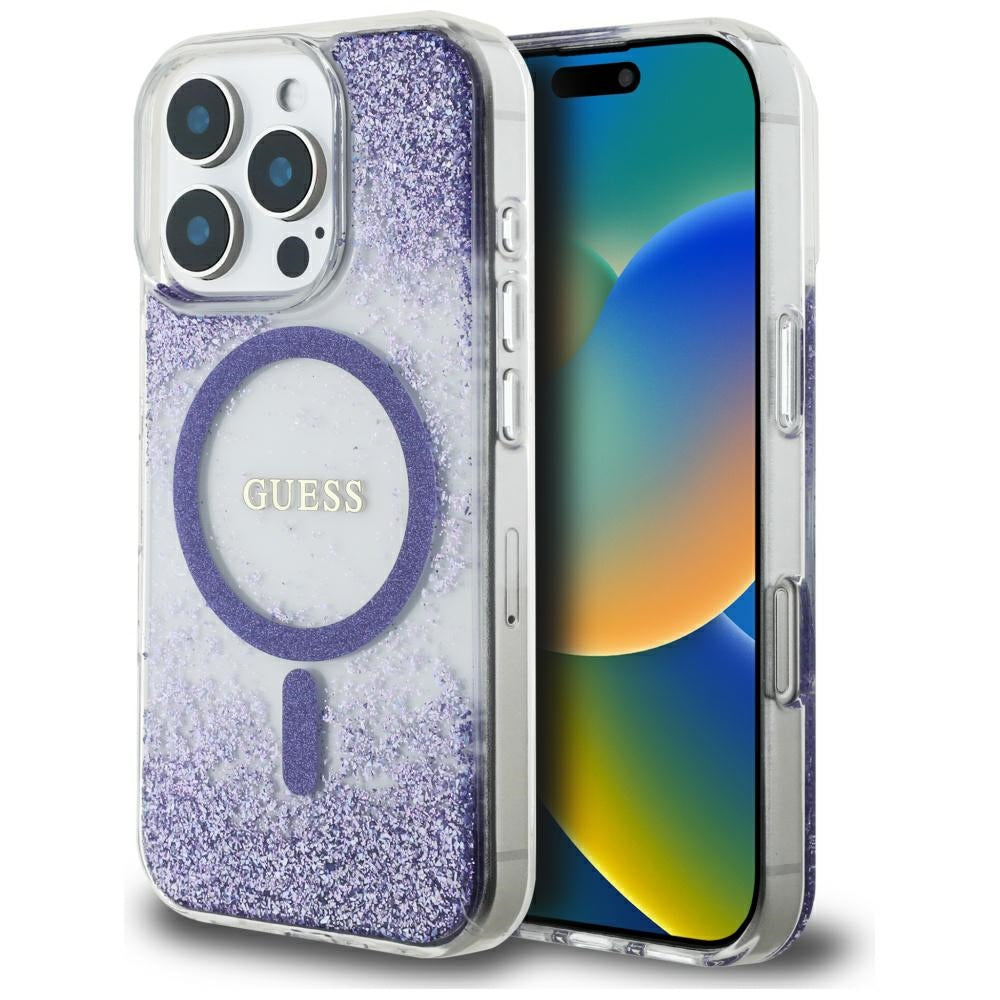 Custodia MagSafe per Apple iPhone 16 Pro, Guess, Resin Bottom Glitter, Viola