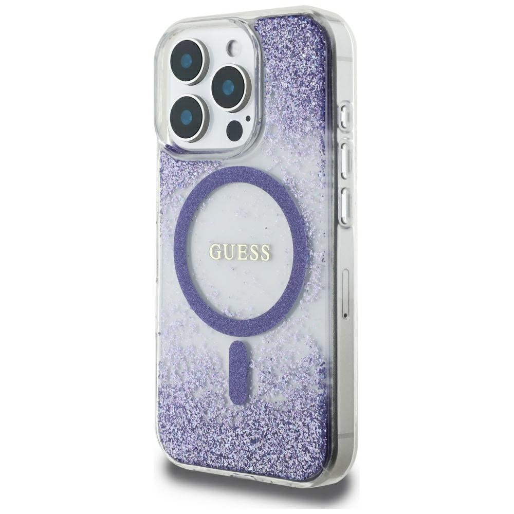 Custodia MagSafe per Apple iPhone 16 Pro, Guess, Resin Bottom Glitter, Viola