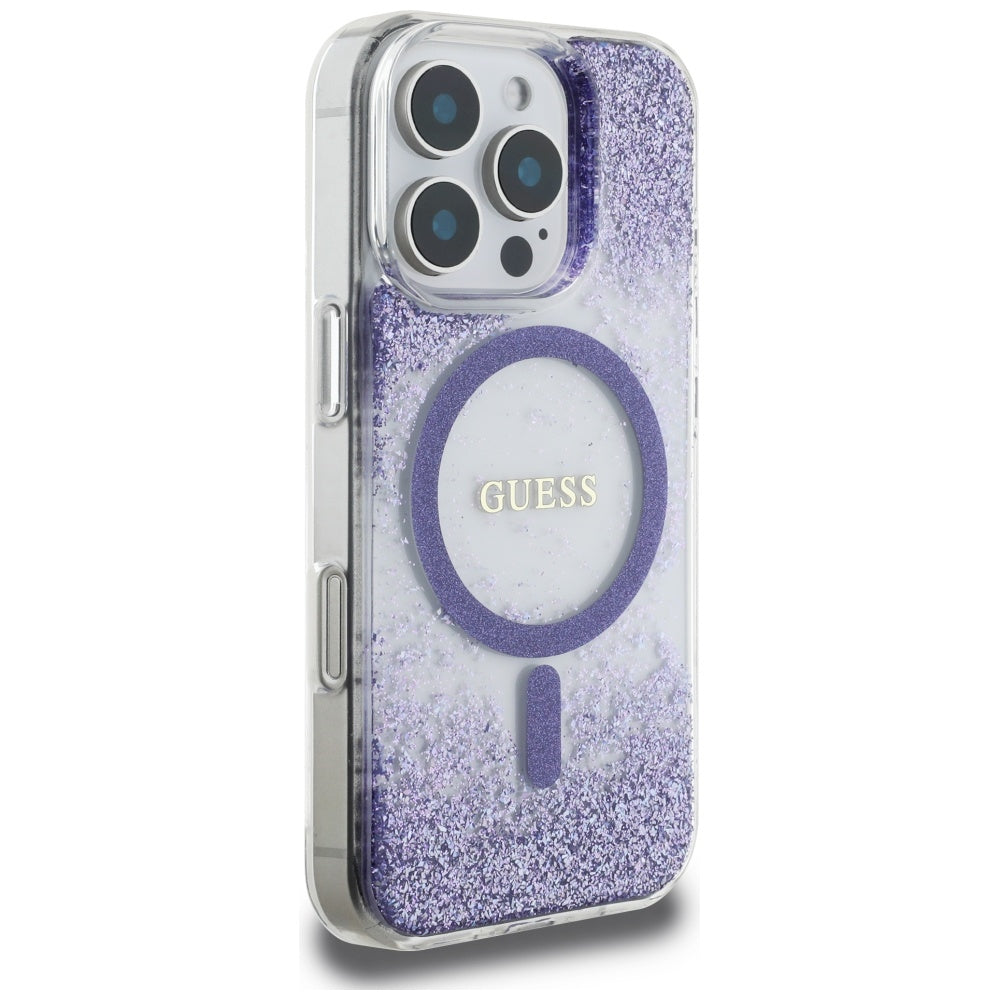 Custodia MagSafe per Apple iPhone 16 Pro, Guess, Resin Bottom Glitter, Viola