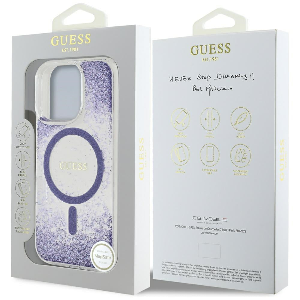Custodia MagSafe per Apple iPhone 16 Pro, Guess, Resin Bottom Glitter, Viola