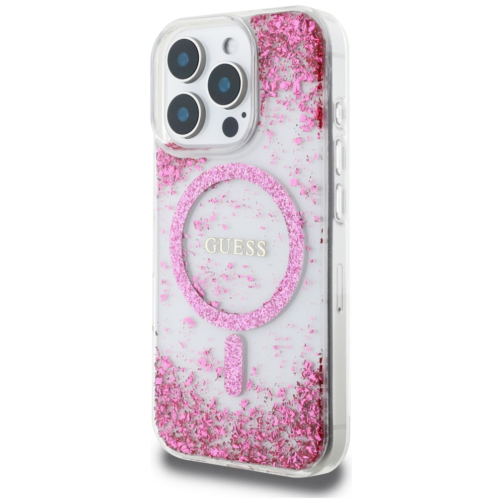 Custodia MagSafe per Apple iPhone 16 Pro, Guess, Resin Bottom Glitter, Rosa