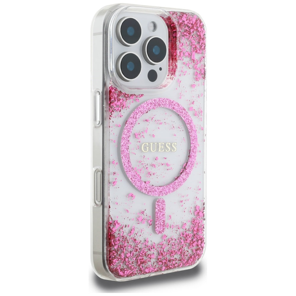 Custodia MagSafe per Apple iPhone 16 Pro, Guess, Resin Bottom Glitter, Rosa