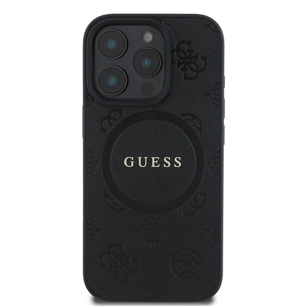 Custodia MagSafe per Apple iPhone 16 Pro, Guess, Saffiano Peony Classic Logo, Nera