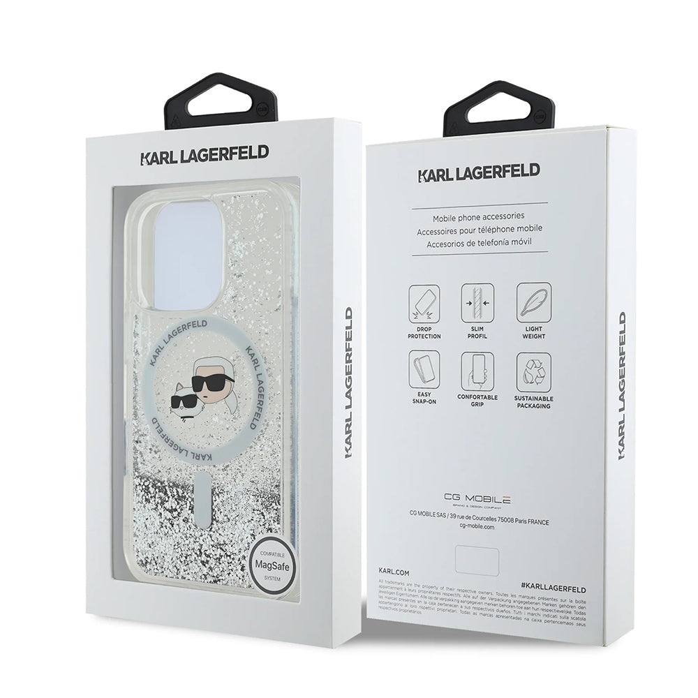 Custodia MagSafe per Apple iPhone 16 Pro, Karl Lagerfeld, Liquid Glitter Karl & Choupette's Heads, Trasparente