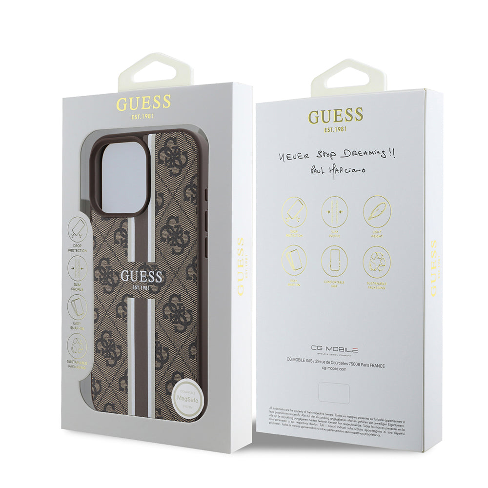 Custodia MagSafe per Apple iPhone 16 Pro Max, Guess, 4G Printed Stripes, Marrone