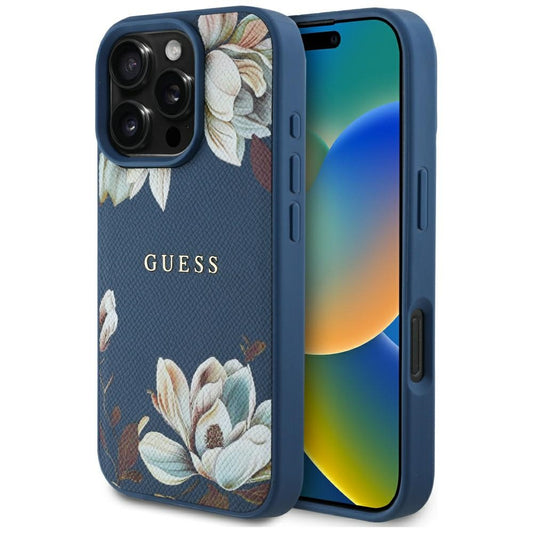 Custodia MagSafe per Apple iPhone 16 Pro Max, Guess, Grained Flowers, Blu