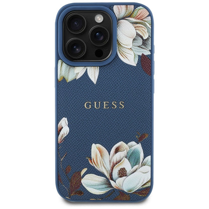 Custodia MagSafe per Apple iPhone 16 Pro Max, Guess, Grained Flowers, Blu