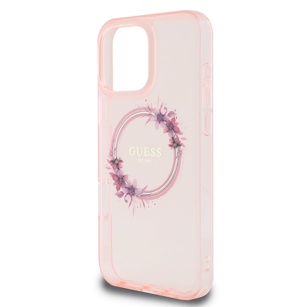 MagSafe Case for Apple iPhone 16 Pro Max, Guess, IML Flowers Wreath, Pink