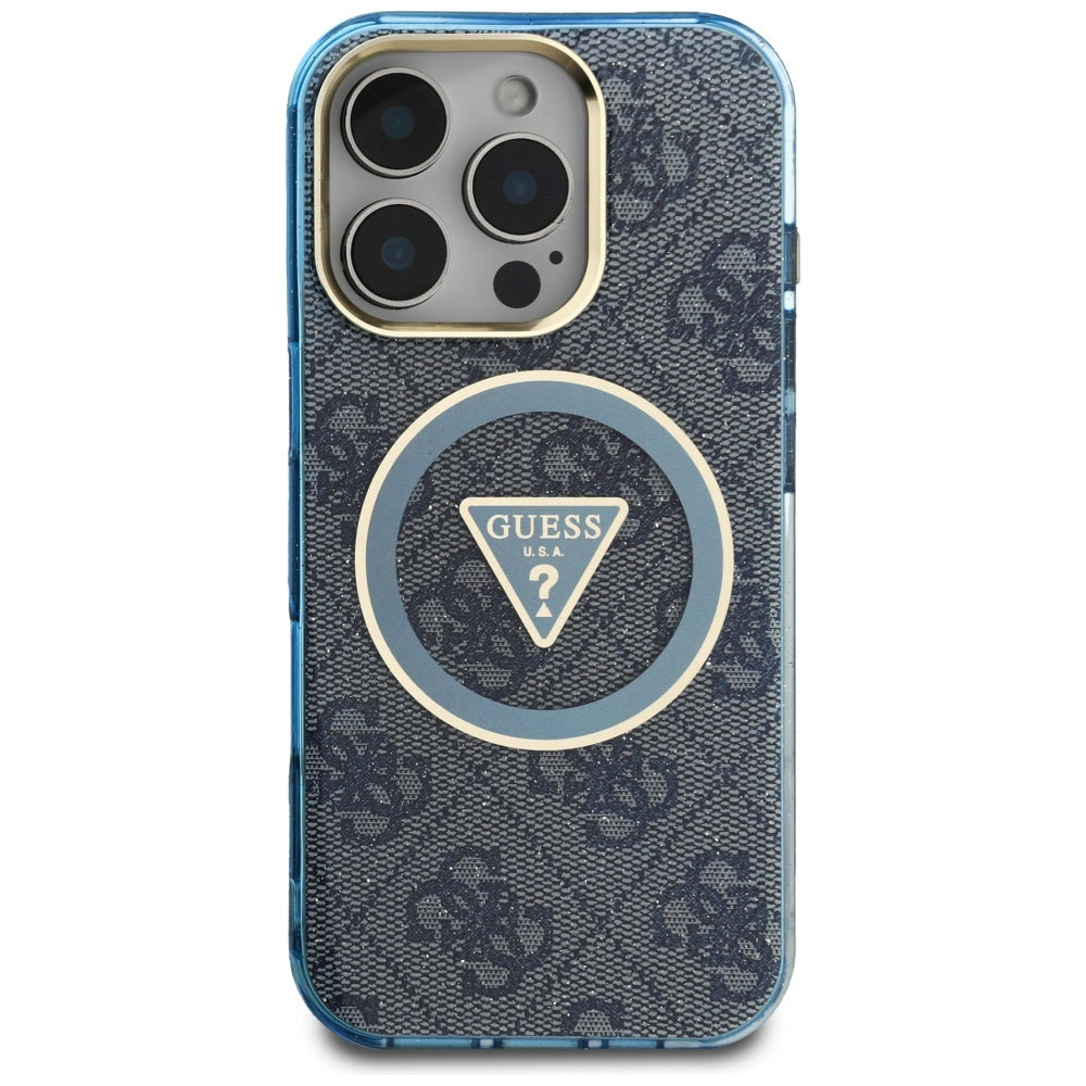 Custodia MagSafe per Apple iPhone 16 Pro Max, Guess, IML Glitter 4G Circle Triangle, Blu