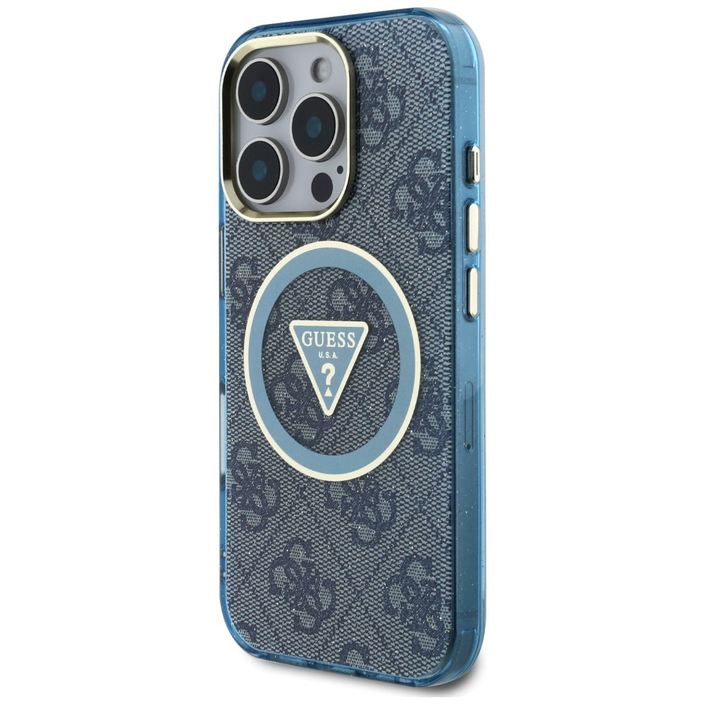 Custodia MagSafe per Apple iPhone 16 Pro Max, Guess, IML Glitter 4G Circle Triangle, Blu