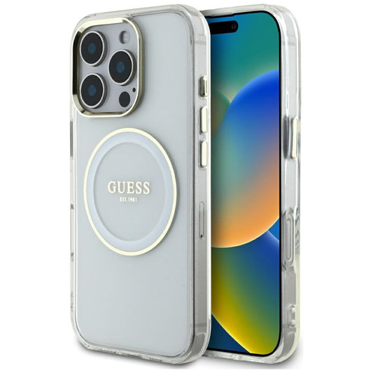 Custodia MagSafe per Apple iPhone 16 Pro Max, Guess, IML Metal Colored Circle, Bianca