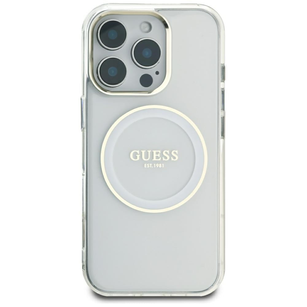 Custodia MagSafe per Apple iPhone 16 Pro Max, Guess, IML Metal Colored Circle, Bianca