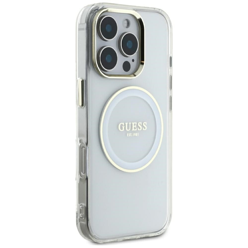Custodia MagSafe per Apple iPhone 16 Pro Max, Guess, IML Metal Colored Circle, Bianca