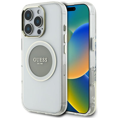Custodia MagSafe per Apple iPhone 16 Pro Max, Guess, IML Metal Colored Circle, Grigio