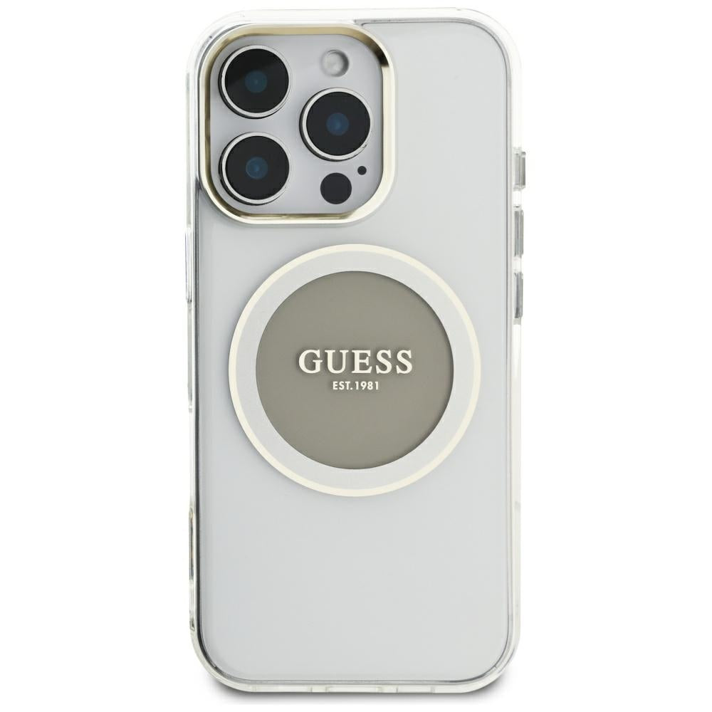 Custodia MagSafe per Apple iPhone 16 Pro Max, Guess, IML Metal Colored Circle, Grigio