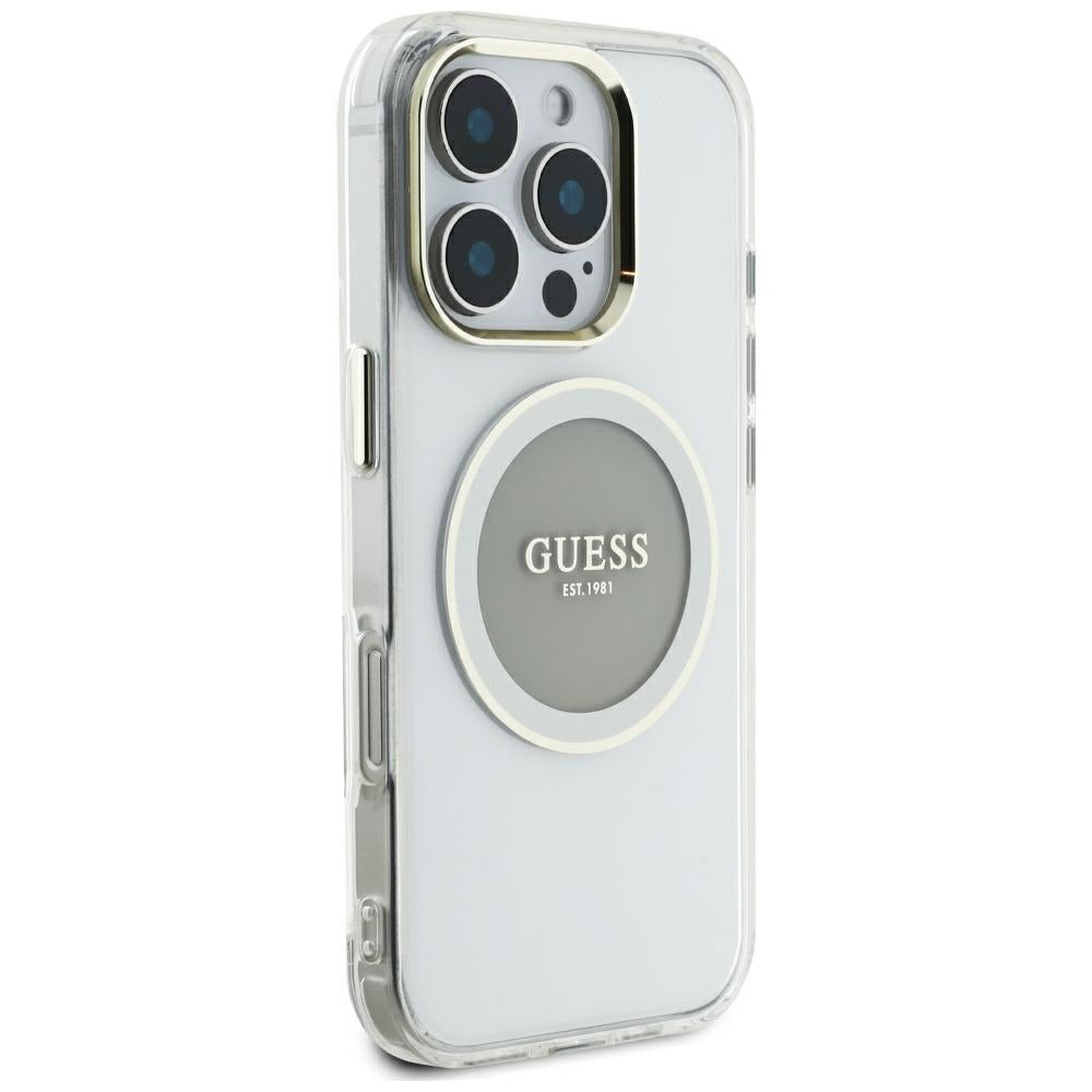 Custodia MagSafe per Apple iPhone 16 Pro Max, Guess, IML Metal Colored Circle, Grigio