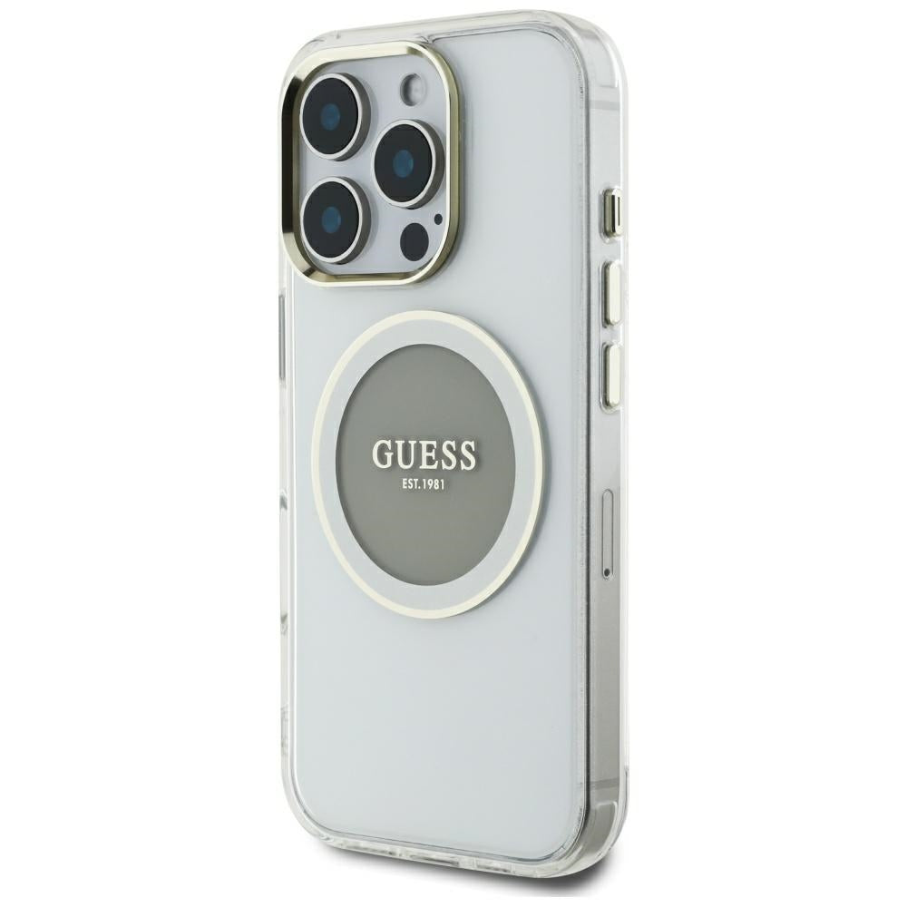 Custodia MagSafe per Apple iPhone 16 Pro Max, Guess, IML Metal Colored Circle, Grigio