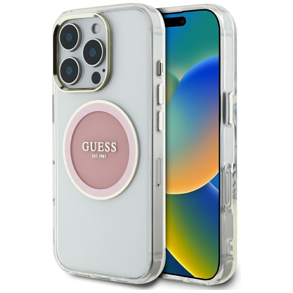 Custodia MagSafe per Apple iPhone 16 Pro Max, Guess, IML Metal Colored Circle, Rosa