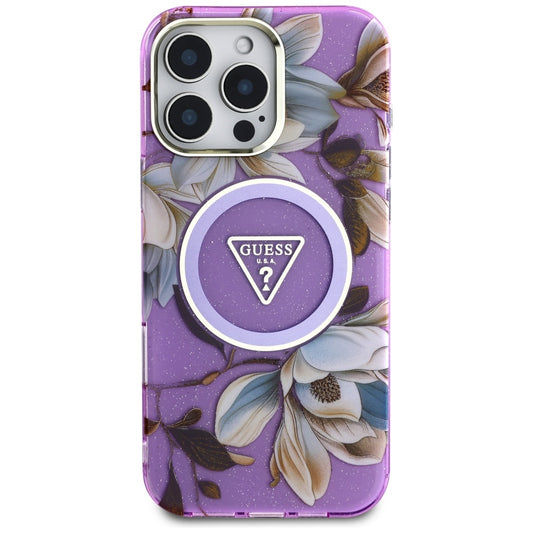 Custodia MagSafe per Apple iPhone 16 Pro Max, Guess, IML Metal Glitter Flowers Triangle, Viola