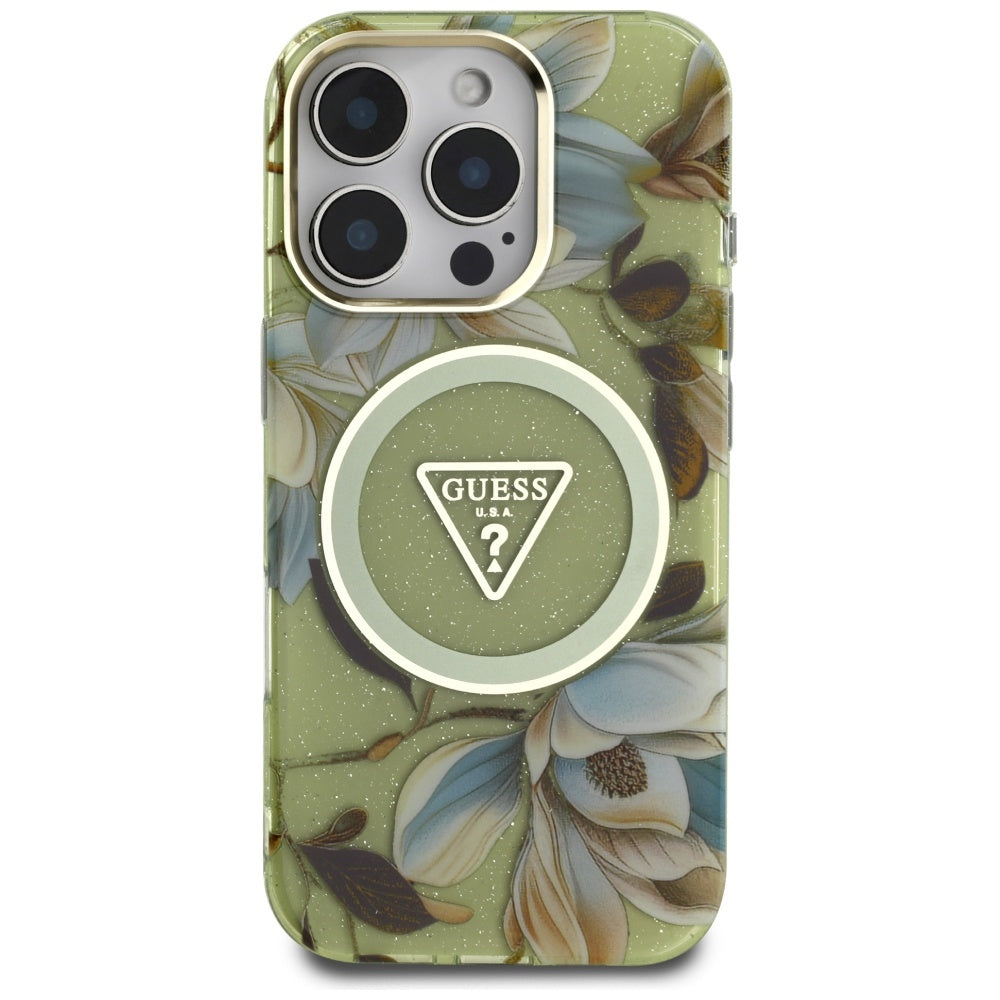 Custodia MagSafe per Apple iPhone 16 Pro Max, Guess, IML Metal Glitter Flowers Triangle, Verde