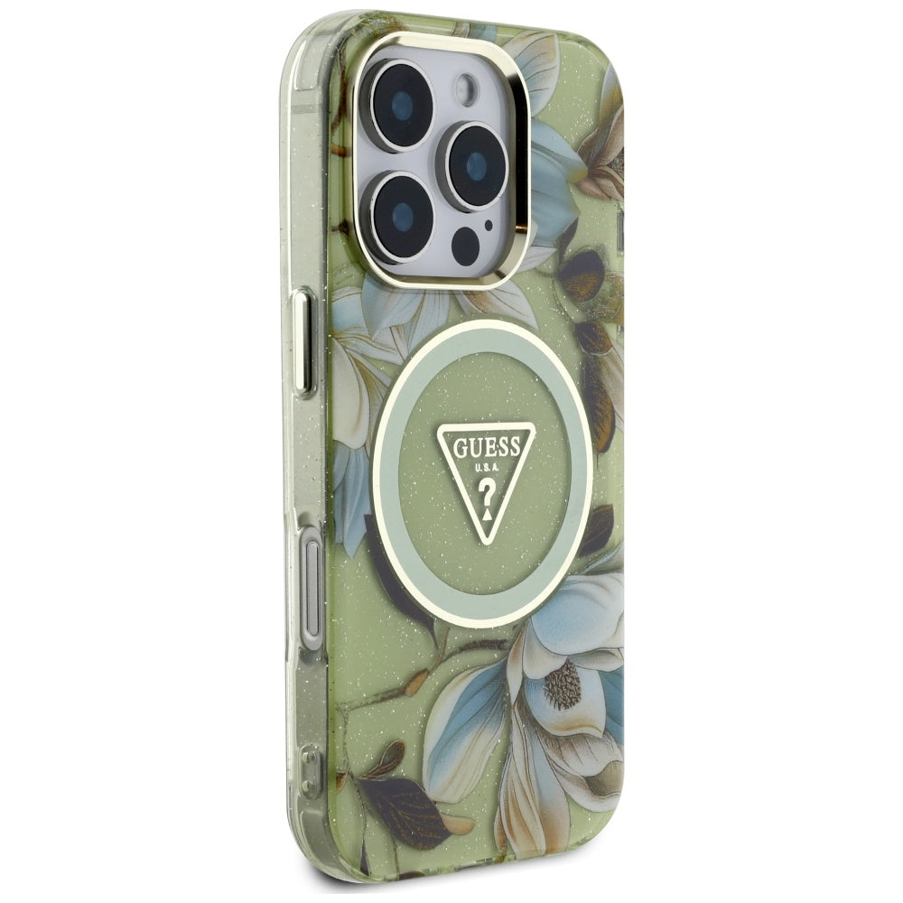 Custodia MagSafe per Apple iPhone 16 Pro Max, Guess, IML Metal Glitter Flowers Triangle, Verde