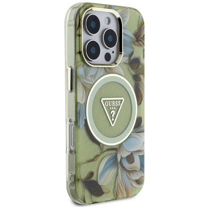 Custodia MagSafe per Apple iPhone 16 Pro Max, Guess, IML Metal Glitter Flowers Triangle, Verde