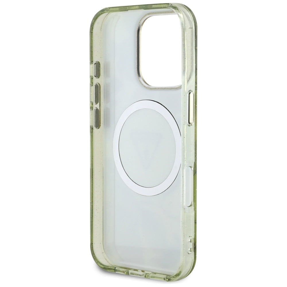 Custodia MagSafe per Apple iPhone 16 Pro Max, Guess, IML Metal Glitter Flowers Triangle, Verde