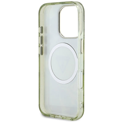Custodia MagSafe per Apple iPhone 16 Pro Max, Guess, IML Metal Glitter Flowers Triangle, Verde