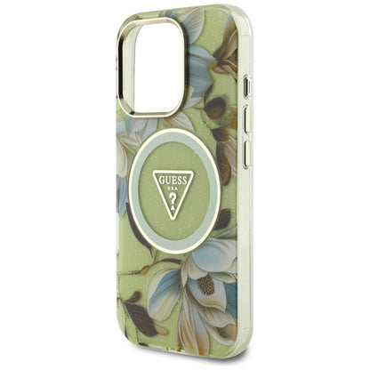Custodia MagSafe per Apple iPhone 16 Pro Max, Guess, IML Metal Glitter Flowers Triangle, Verde