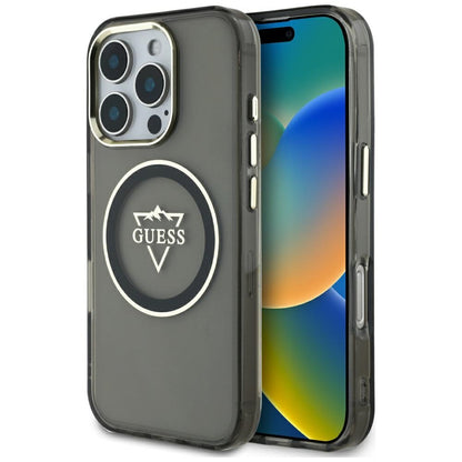 Custodia MagSafe per Apple iPhone 16 Pro Max, Guess, IML Metal Mountain Logo, Nera