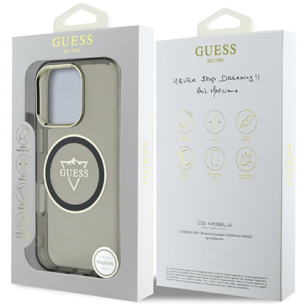 Custodia MagSafe per Apple iPhone 16 Pro Max, Guess, IML Metal Mountain Logo, Nera