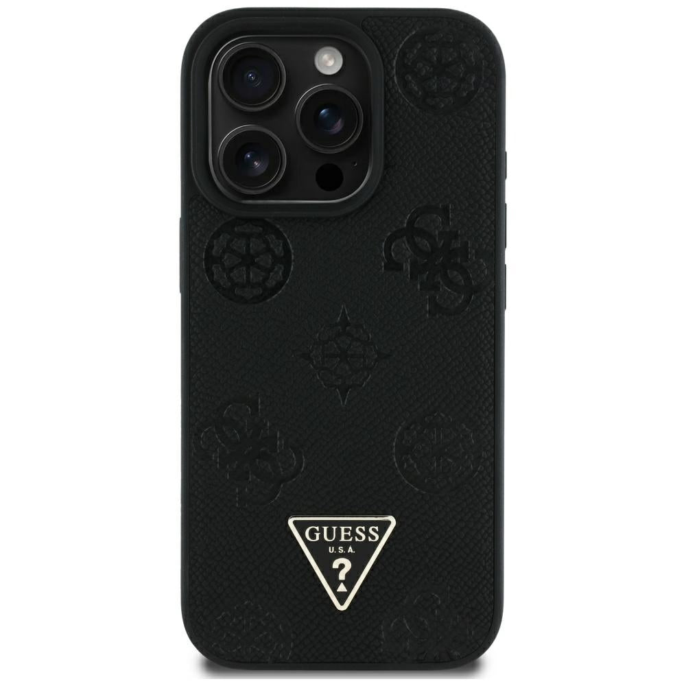Custodia MagSafe per Apple iPhone 16 Pro Max, Guess, Peony Grained Hot Stamp Triangle, Nera