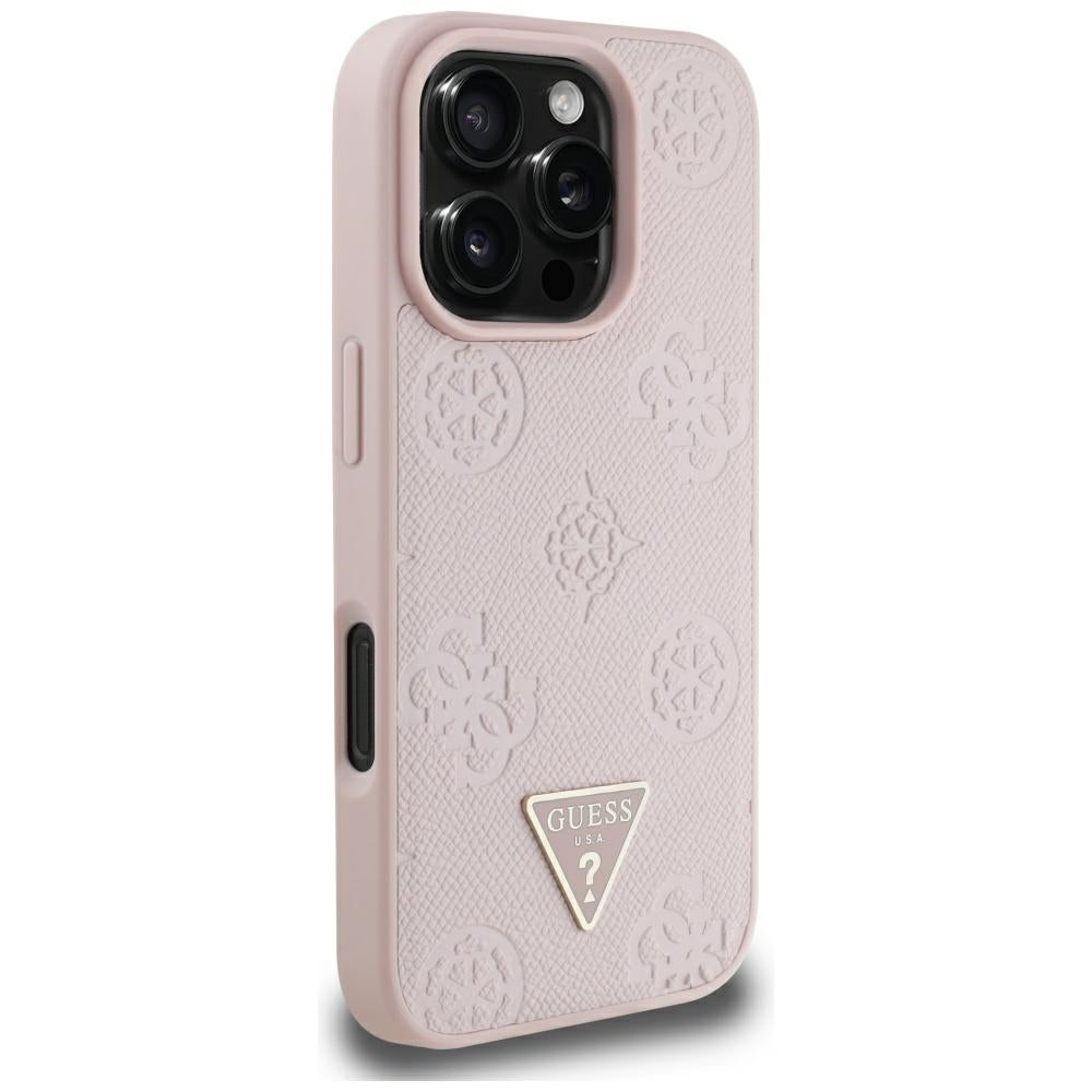 Custodia MagSafe per Apple iPhone 16 Pro Max, Guess, Peony Grained Hot Stamp Triangle, Rosa