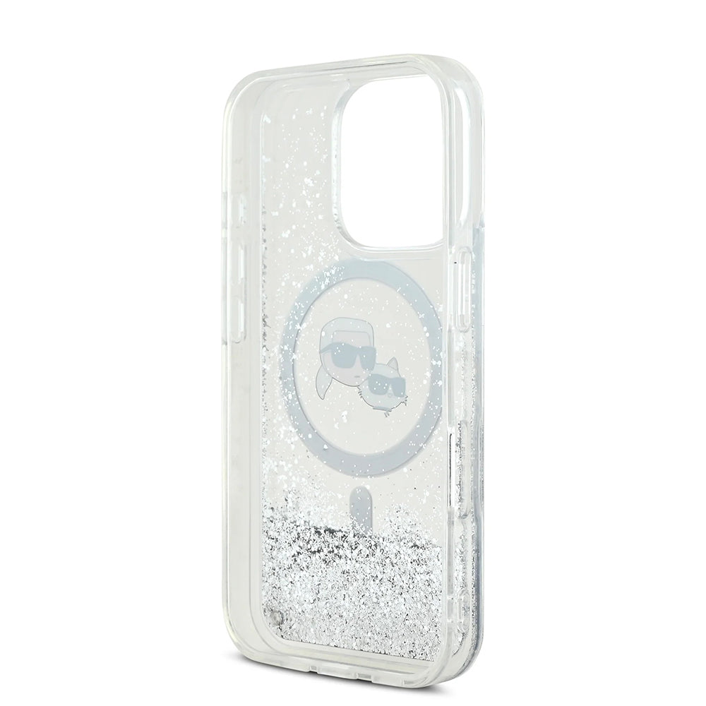 Custodia MagSafe per Apple iPhone 16 Pro Max, Karl Lagerfeld, Liquid Glitter Karl & Choupette's Heads, Trasparente