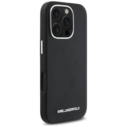 Custodia MagSafe per Apple iPhone 16 Pro Max, Karl Lagerfeld, Saffiano Full Wrapped Elongated Metal Logo, Nera