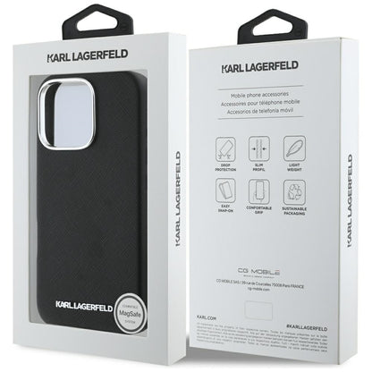 Custodia MagSafe per Apple iPhone 16 Pro Max, Karl Lagerfeld, Saffiano Full Wrapped Elongated Metal Logo, Nera