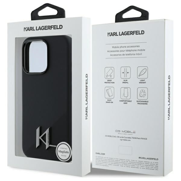 Custodia MagSafe per Apple iPhone 16 Pro Max, Karl Lagerfeld, Silicone Shadow Metal Initial, Nera