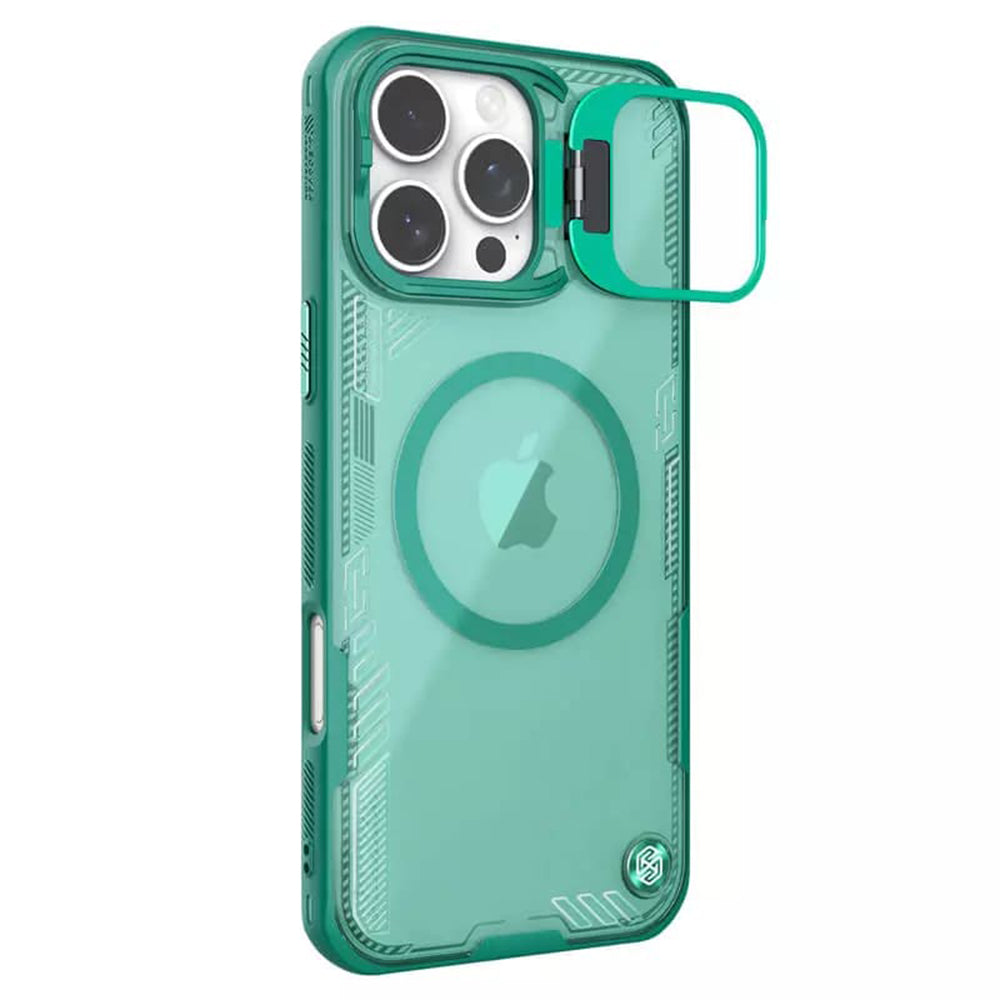 Custodia MagSafe per Apple iPhone 16 Pro, Nillkin, Iceblade Prop (con ritaglio per fotocamera), Verde