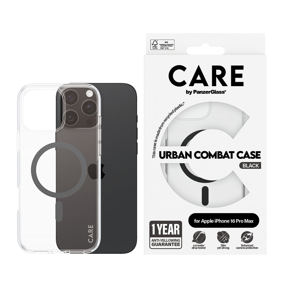 Custodia MagSafe per Apple iPhone 16 Pro, PanzerGlass, Care Urban Combat, Trasparente Nera