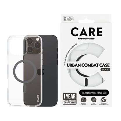 Custodia MagSafe per Apple iPhone 16 Pro, PanzerGlass, Care Urban Combat, Trasparente Nera